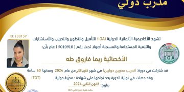 السيدة ريما فاروق طه – شهادة مدربة دولية