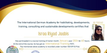 شهادة مدرب دولي – السيدة اسراء رياض جعابيص – EN