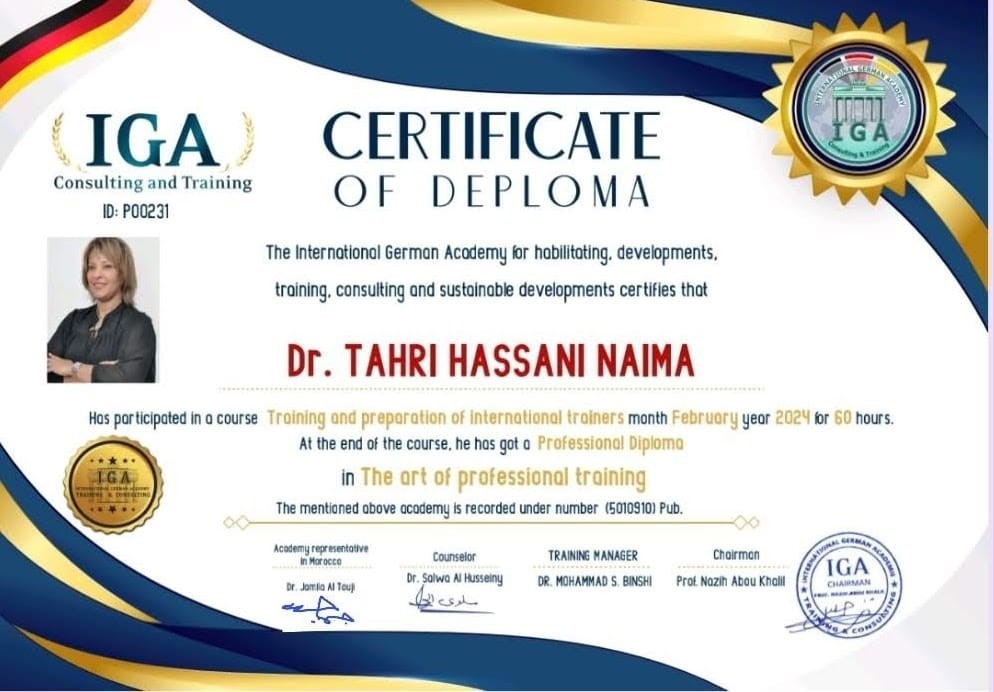 شهادة دبلوم في التدريب المهني - الدكتورة الطاهري الحسني نعيمة - EN