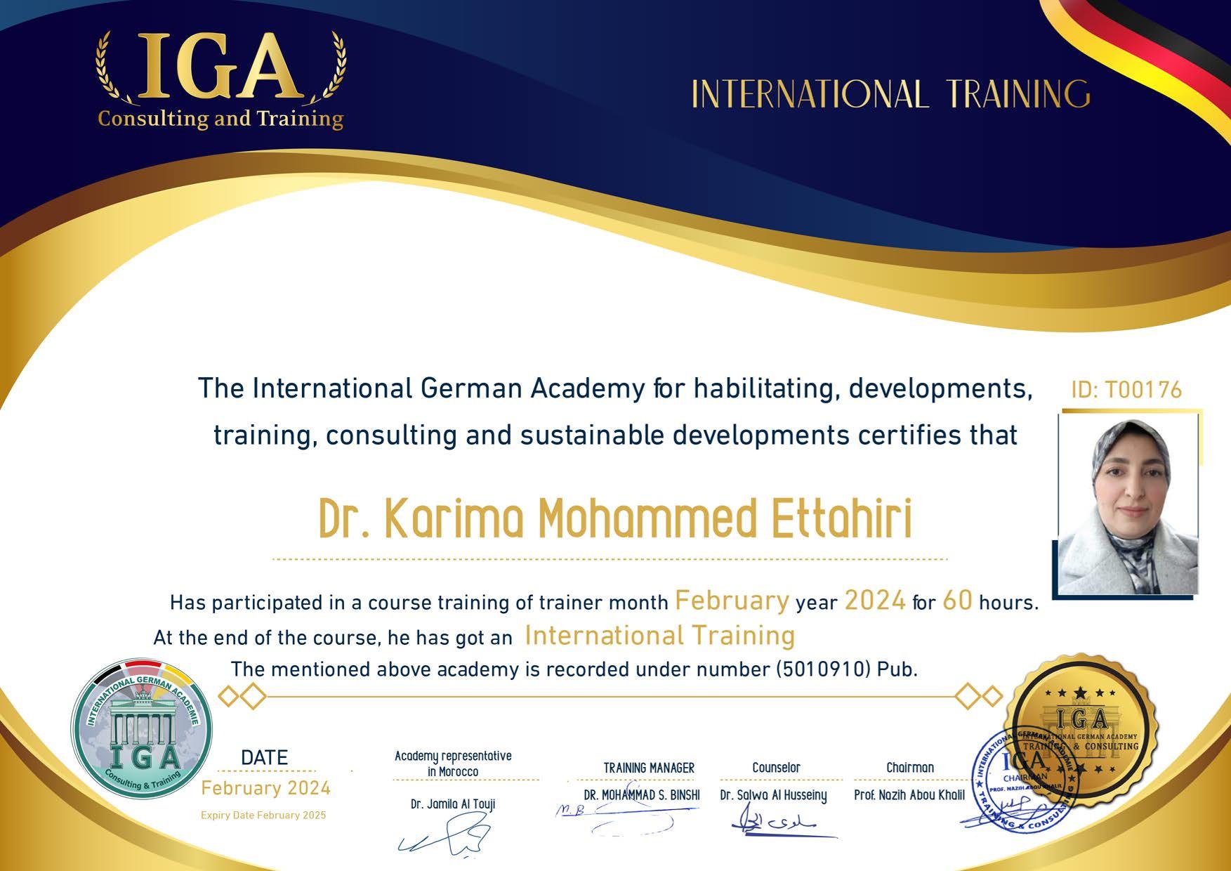 شهادة تدريب مدربين دوليين - الدكتورة كريمة محمد الطاهري