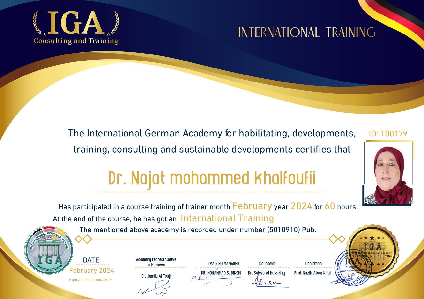 شهادة مدرب دولي – الدكتورة نجاة محمد خلفوفي EN
