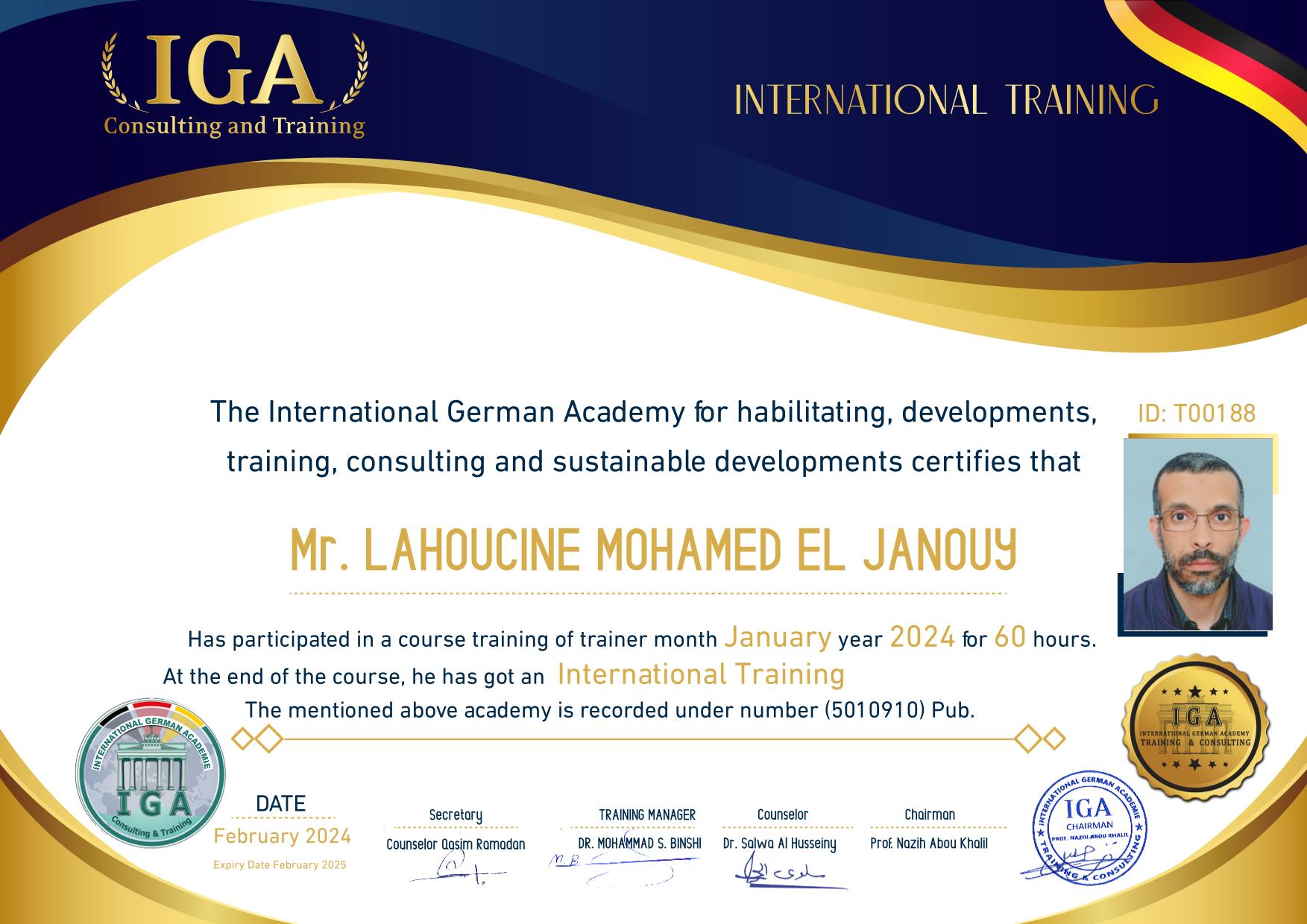 الحسين محمد الجنوي – شهادة مدرب دولي -EN
