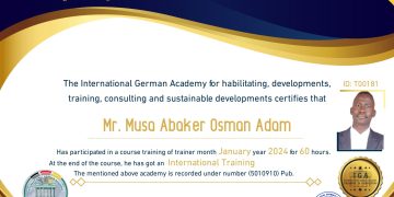 الأستاذ موسى أبكر عثمان آدم . شهادة مدرب دولي – EN