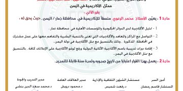 قرار بتعيين الأستاذ محمد الرعوي .منسقا للأكاديمية في محافظة ذمار.